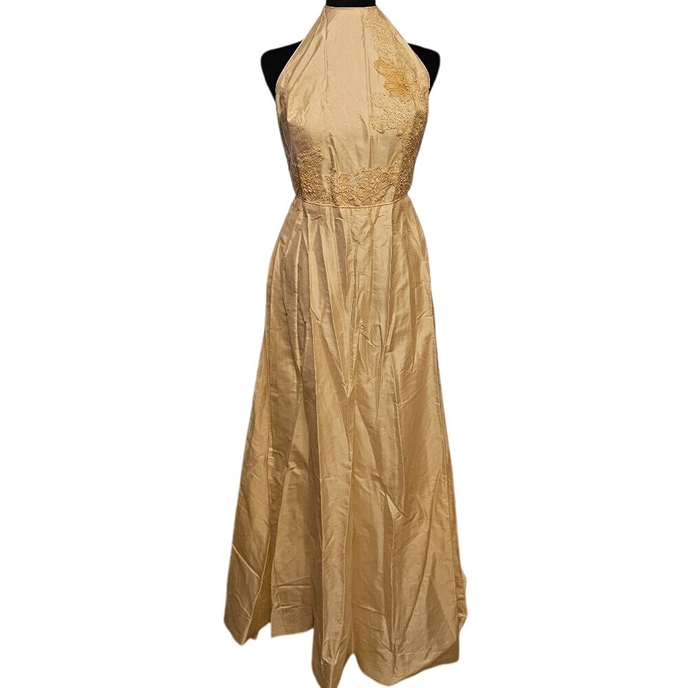 Catherine Regehr Silk Gown Champagne Halter Neck Embellished Formal Evening‎ 6/8